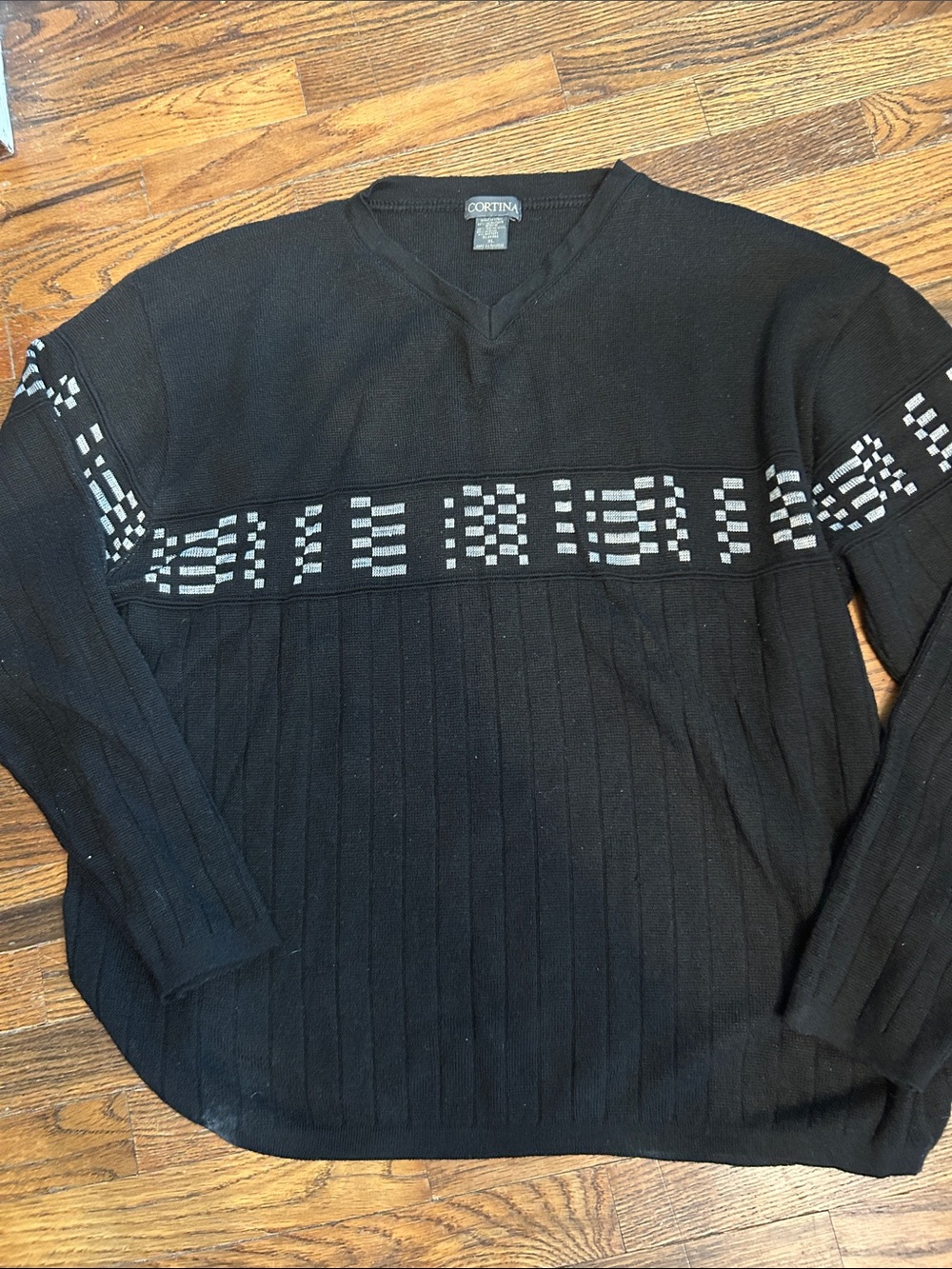Black V-Neck Sweater with Gray Geometric Band